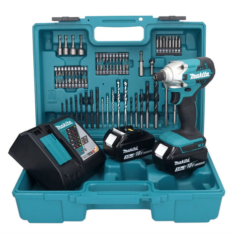 Makita DTD 156 RFX1 llave de impacto inalámbrica 18 V 155 Nm 1/4" + 2x baterías 3.0 Ah + cargador + set de accesorios 74 piezas + estuche