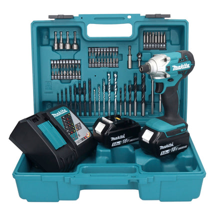 Llave de impacto a batería Makita DTD 156 RTX1 18 V 155 Nm 1/4" + 2x baterías 5,0 Ah + cargador + set de accesorios 74 piezas + estuche