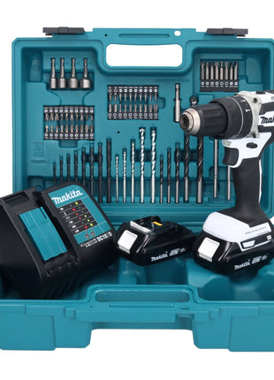 Makita DHP 484 SYX1W Akku Schlagbohrschrauber 18 V 54 Nm Brushless Weiß + 2x Akku 1,5 Ah + Ladegerät + 74 tlg. Zubehörset + Koffer