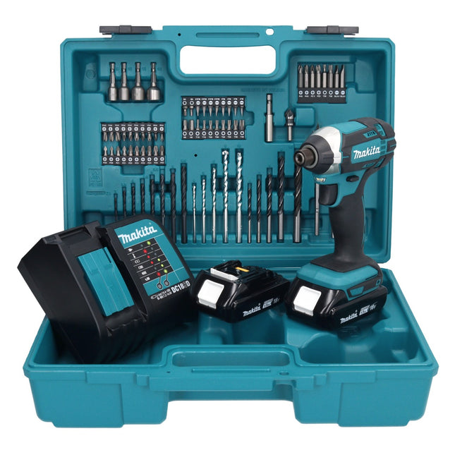 Makita DTD 152 SYX1 Akku Schlagschrauber 18 V 165 Nm 1/4" + 2x Akku 1,5 Ah + Ladegerät + 74 tlg. Zubehörset + Koffer