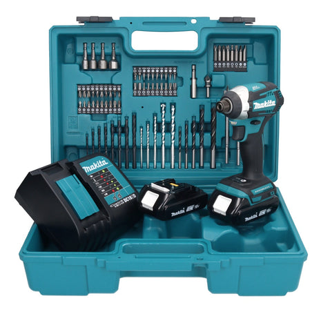 Makita DTD 154 SYX1 clé à chocs sans fil 18 V 175 Nm 1/4" sans balais + 2 batteries 1,5 Ah + chargeur + jeu d'accessoires 74 pièces + mallette