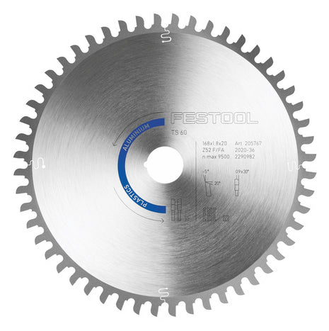 Festool circular saw blade Aluminium / Plastics HW F/FA 52 168 x 1.8 x 20 PW16 ( 205767 ) for TS 60 K, CSC-SYS 50