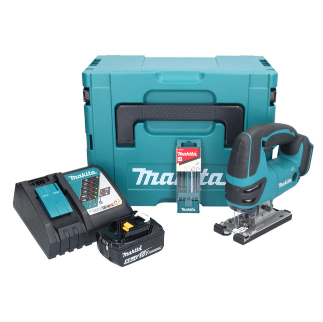Sierra de calar sin cable Makita DJV 180 RT1J 18 V + 1x batería recargable 5,0 Ah + cargador + juego de hojas de sierra de calar de 5 piezas + Makpac