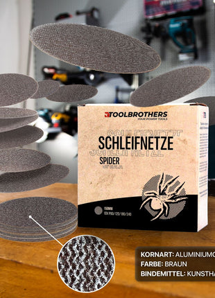 Toolbrothers SPIDER Schleifset Netz 150 mm 2 Packungen 80x Schleifnetze Klett je 20x P80 / P120 / P180 / P240 für Hartholz, Weichholz, Lack, Stein, Stahl, Aluminium, Furnier - Toolbrothers