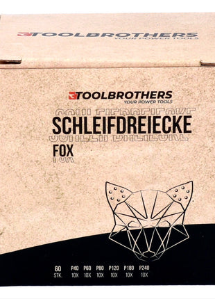 Toolbrothers FOX Schleifset Delta Schleifdreiecke 2 Packungen 93 x 93 x 93 mm Klett 6 Loch je 20x P40 / P60 / P80 / P120 / P180 / 240 für Hartholz, Weichholz, Lack, Stein, Stahl, Aluminium, Furnier - Toolbrothers