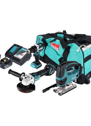 Makita DLX 3152 TX1 Kit combiné batterie 18 V DDF 484 + DGA 511 + DJV 180 + 2x batterie 5,0 Ah + chargeur + sacoche