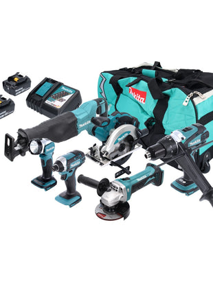 Makita DLX 6046 Kit combiné batterie 18 V DGA 452 + DHP 458 + DJR 186 + DML 802 + DSS 610 + DTD 152 + 3x batterie 3,0 Ah + chargeur + sacoche