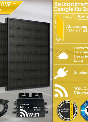 820W/600W Balkonkraftwerk Photovoltaikanlage, 2x Photovoltaik-Modul ( 2x 410W ) + Wechselrichter ( 600W ) mit WiFi-Funktion Steckerfertig Schwarz - Toolbrothers