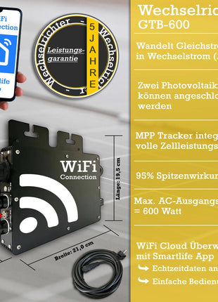 820W/600W Balkonkraftwerk Photovoltaikanlage, 2x Photovoltaik-Modul ( 2x 410W ) + Wechselrichter ( 600W ) mit WiFi-Funktion Steckerfertig Schwarz - Toolbrothers