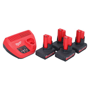 Milwaukee M12 HNRG-504 Akku Starter Set 4x HB5 High Output 12 V 5,0 Ah / 5000 mAh Li-Ion Akku ( 4x 4932480165 ) + M12-C12C Ladegerät