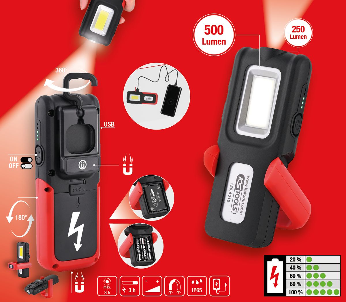 KS TOOLS Lampe à main d’atelier mobile, rabattable, DEL COB 3 Watt KS TOOLS Lampe à main d’atelier mobile, rabattable, DEL COB 3 Watt