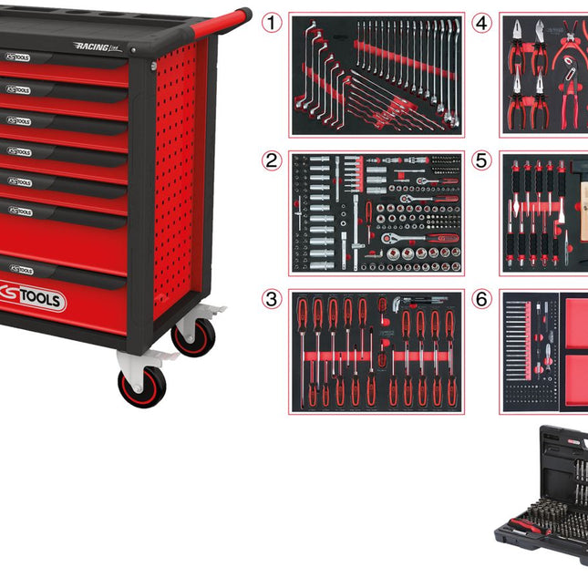 KS TOOLS RACINGline SCHWARZ/ROT Werkstattwagen mit 7 Schubladen und 598 Premium-Werkzeugen ( 826.7598 ) - Toolbrothers