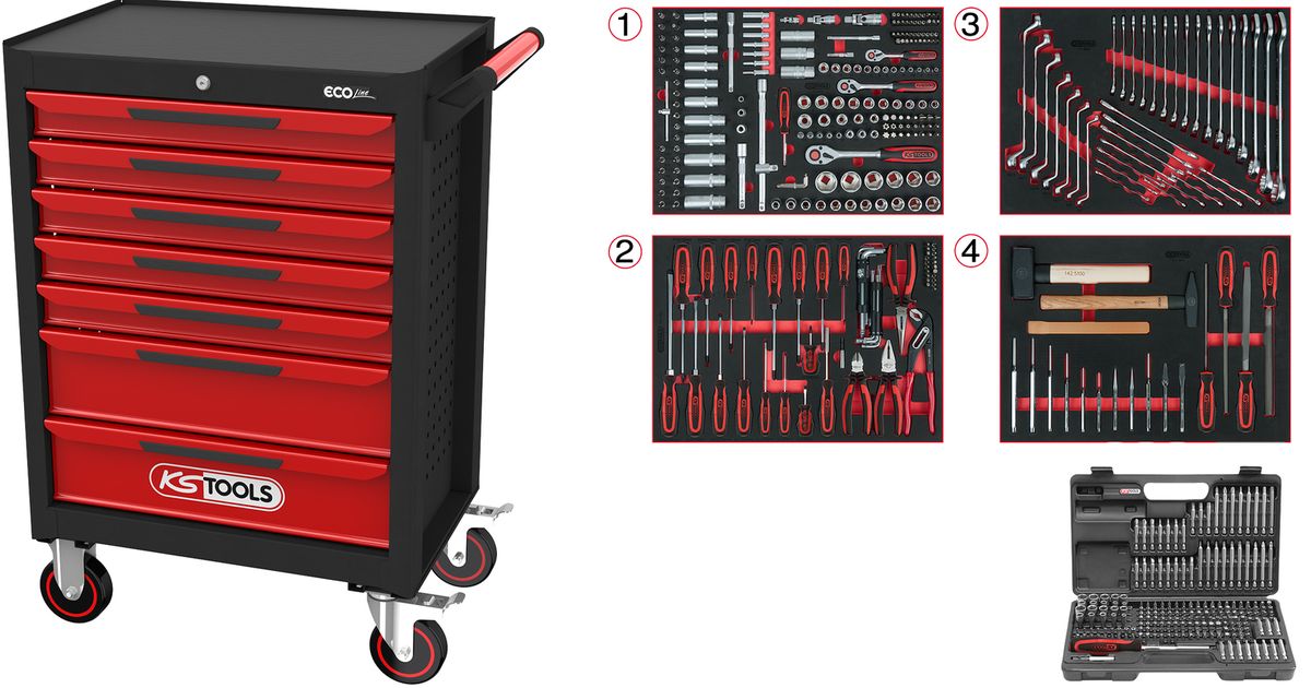 KS TOOLS ECOline NERO/ROSSO Carrello portautensili con 7 cassetti e 515 utensili premium ( 897.7515 )