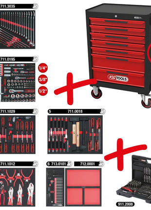 KS TOOLS ECOline SCHWARZ/ROT Werkstattwagen mit 7 Schubladen und 598 Premium-Werkzeugen ( 897.7598 )