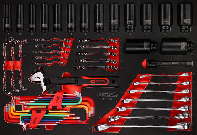 KS TOOLS Juego de llaves fijas y llaves de vaso de impacto en inserto de gomaespuma, 55 pzs ( 811.1055 )