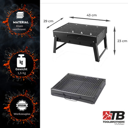 Toolbrothers Outdoor portable charcoal barbecue set for camping tool-free assembly 43 x 29 x 23 cm black + barbecue cutlery, barbecue gloves & barbecue compartments 8 pcs