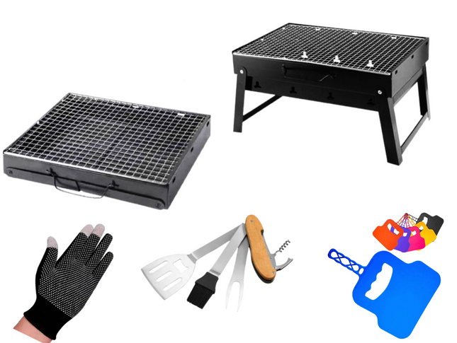 Toolbrothers Outdoor portable charcoal barbecue set for camping tool-free assembly 43 x 29 x 23 cm black + barbecue cutlery, barbecue gloves & barbecue compartments 8 pcs
