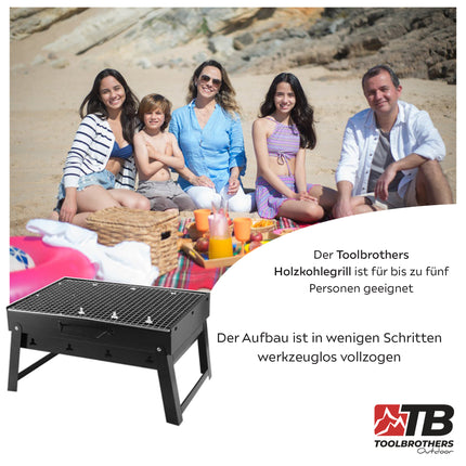Toolbrothers Outdoor portable charcoal barbecue set for camping tool-free assembly 43 x 29 x 23 cm black + barbecue cutlery, barbecue gloves & barbecue compartments 8 pcs