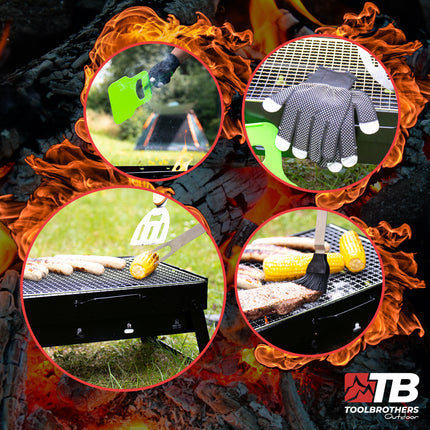 Toolbrothers Outdoor portable charcoal barbecue set for camping tool-free assembly 43 x 29 x 23 cm black + barbecue cutlery, barbecue gloves & barbecue compartments 8 pcs