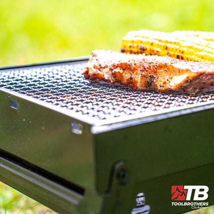 Toolbrothers Outdoor portable charcoal barbecue set for camping tool-free assembly 43 x 29 x 23 cm black + barbecue cutlery, barbecue gloves & barbecue compartments 8 pcs