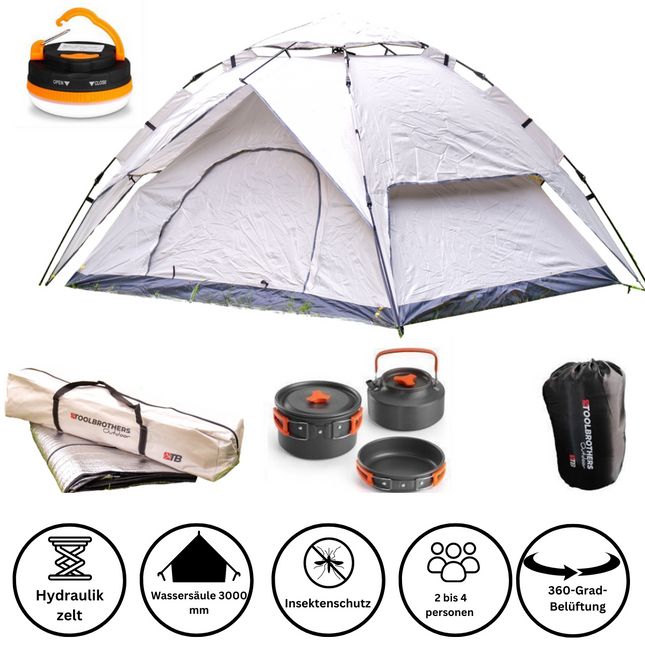 Toolbrothers outdoor camping set tent for 2-4 persons hydraulic tent with insulating mat & camping equipment 14 pcs