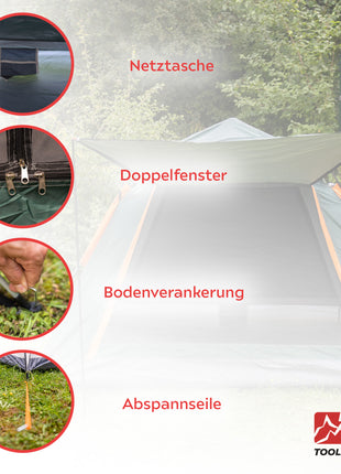 Toolbrothers Outdoort Camping-Set Zelt für 2-4 Personen Hydraulikzelt  Pop-Up zelt + Campingausrüstung 12 tlg