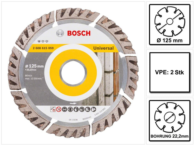 Bosch Standard for Universal Diamanttrennscheibe 125 x 22,23 mm 2 Stk. ( 2x 2608615059 ) für Beton, Stahl-Beton, Back-, Kalk- und Sand-Stein