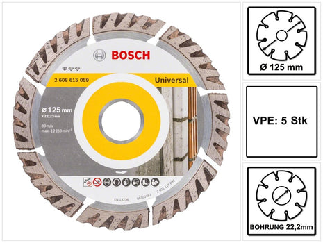 Bosch Standard for Universal diamond cutting disc 125 x 22.23 mm 5 pcs. ( 5x 2608615059 ) for concrete, steel-concrete, brick, lime and sandstone