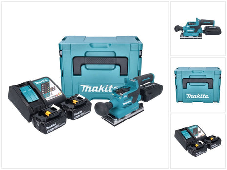 Makita DBO 382 RTJ Akku Schwingschleifer 18 V 93 x 185 mm Brushless + 2x Akku 5,0 Ah + Ladegerät + Makpac