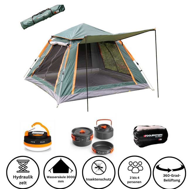 Set da campeggio all'aperto Toolbrothers tenda per 2-4 persone tenda idraulica pop-up + attrezzatura da campeggio 13 pezzi