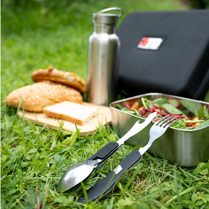 Toolbrothers Fan lunch box con borsa impermeabile in acciaio inox con coperchio in bambù 1200 ml + borraccia in acciaio inox 600 ml + posate multifunzione 4 in 1