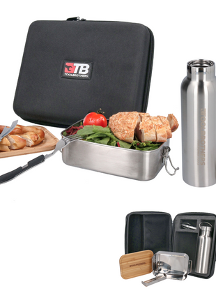 Toolbrothers Sac à lunch Fan dans un étui rigide, sac de transport, sac à lunch étanche avec boîte à lunch en acier inoxydable et couvercle en bambou 1200 ml + gourde en acier inoxydable 600 ml + couverts multifonctions 4 en 1