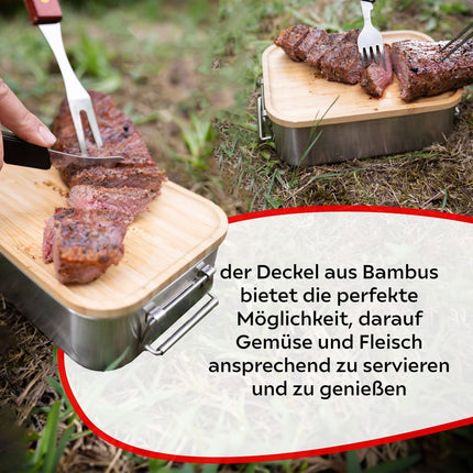 Toolbrothers Fan lunch box con borsa impermeabile in acciaio inox con coperchio in bambù 1200 ml + borraccia in acciaio inox 600 ml + posate multifunzione 4 in 1