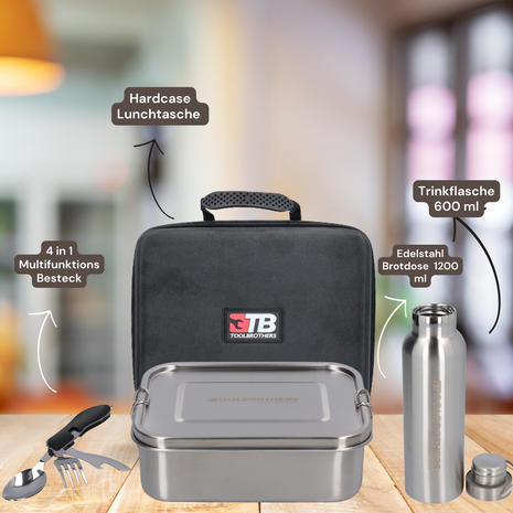 Toolbrothers Fan Lunchpaket in Hardcase Tragetasche Lunchtasche Wasserdicht mit Edelstahl Brotdose mit Trennfächern und Edelstahldeckel 1200 ml + Edelstahl Trinkflasche 600 ml + 4 in 1 Multifunktions Besteck