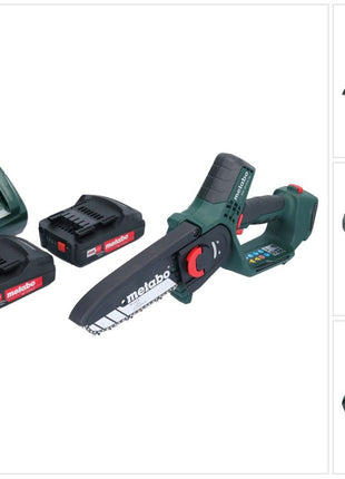 Metabo MS 18 LTX 15 Akku Gehölzsäge 18 V 15 cm 5 m/s + 2x Akku 2,0 Ah + Ladegerät