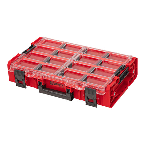 Qbrick System ONE Organiser XL 2.0 Long Bin RED ULTRA HD Custom stapelbar 582 x 387 x 131 mm 13,5 l IP66 mit 4 Inlays und 12 Trennwänden