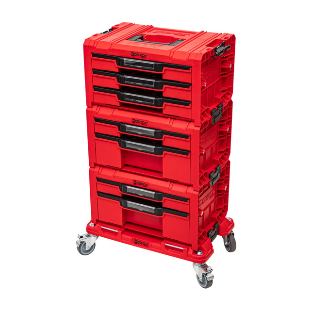 Qbrick System PRO Cajón Set de taller 3 ROJO ULTRA HD + 2x Cajón 2 Caja de herramientas + 1x Cajón 3 Caja de herramientas + tablero rodante