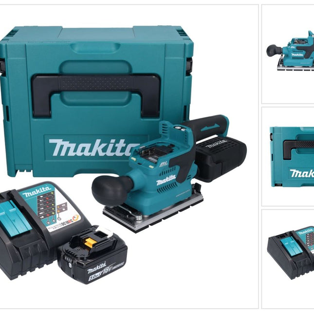 Makita DBO 381 RT1JU Akku Schwingschleifer 18 V 93 x 185 mm Brushless + 1x Akku 5,0 Ah + Ladegerät + Makpac