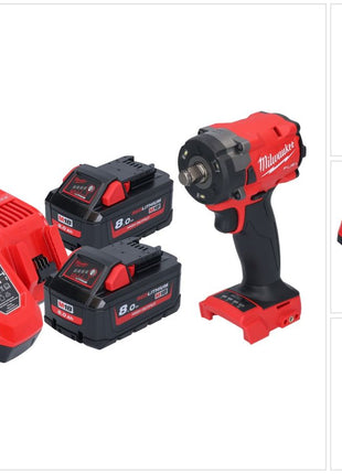 Milwaukee M18 FIW2F12-802 Akku Schlagschrauber 18 V 339 Nm 1/2" Brushless + 2x Akku 8,0 Ah + Ladegerät