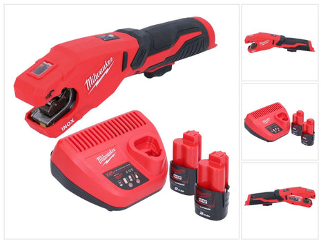 Cortatubos de acero inoxidable a batería Milwaukee M12 PCSS-202 12 V 12 - 28 mm + 2x baterías 2,0 Ah + cargador