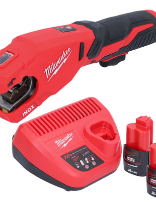 Cortatubos de acero inoxidable a batería Milwaukee M12 PCSS-202 12 V 12 - 28 mm + 2x baterías 2,0 Ah + cargador