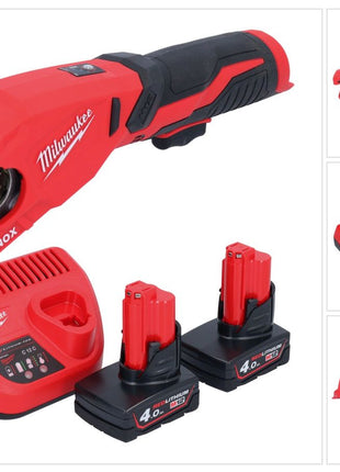 Milwaukee M12 PCSS-402 cortatubos de acero inoxidable a batería 12 V 12 - 28 mm + 2x baterías 4,0 Ah + cargador