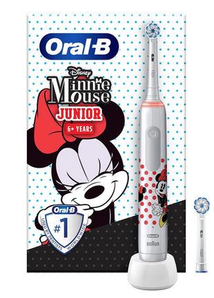 Oral-B Junior Minnie Mouse Elektrische Zahnbürste Electric Toothbrush für Kinder ab 6 Jahren 360° Andruckkontrolle 2 Putzmodi inkl., Timer, weiß + 2 Aufsteckbürsten