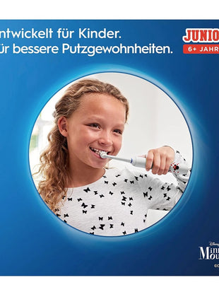 Oral-B Junior Minnie Mouse Elektrische Zahnbürste Electric Toothbrush für Kinder ab 6 Jahren 360° Andruckkontrolle 2 Putzmodi inkl., Timer, weiß + 2 Aufsteckbürsten