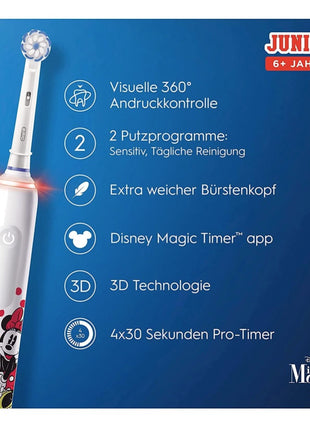 Oral-B Junior Minnie Mouse Elektrische Zahnbürste Electric Toothbrush für Kinder ab 6 Jahren 360° Andruckkontrolle 2 Putzmodi inkl., Timer, weiß + 2 Aufsteckbürsten