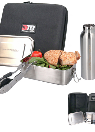 Toolbrothers Lunchpaket in Hardcase Tragetasche mit Edelstahl Brotdose mit Trennfächern 1200 ml + Trinkflasche 600 ml + 4 in 1 Multifunktions Besteck