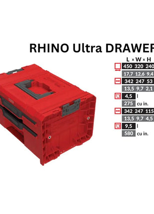 Toolbrothers RHINO L Drawer 2 ULTRA Organize+ Werkzeugkoffer 450 x 310 x 244 mm 14 l stapelbar IP54 mit 2 Schubladen