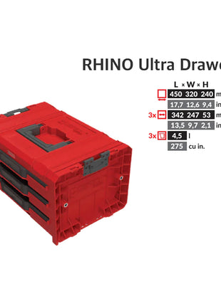 Toolbrothers RHINO L Drawer 3 ULTRA Organize+ Werkzeugkoffer 450 x 310 x 244 mm 13,5 l stapelbar IP54 mit 3 Schubladen