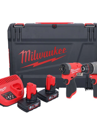 Milwaukee M12 FPP2A2-602X Combo Set ( 4933480588 ) M12 FPD2 akumulatorowa wiertarko-wkrętarka udarowa 45 Nm + M12 FID2 akumulatorowy klucz udarowy 170 Nm 1/4" bezszczotkowy + 2x akumulator 6.0 Ah + ładowarka + pudełko HD