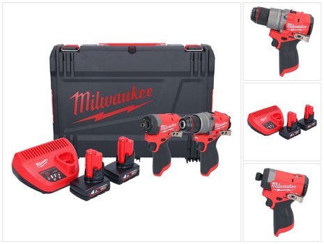 Milwaukee M12 FPP2A2-402X Combo Set ( 4933480587 ) M12 FPD2 akumulatorowa wiertarko-wkrętarka udarowa 45 Nm + M12 FID2 akumulatorowy klucz udarowy 170 Nm 1/4" bezszczotkowy + 2x akumulator 4,0 Ah + ładowarka + pudełko HD